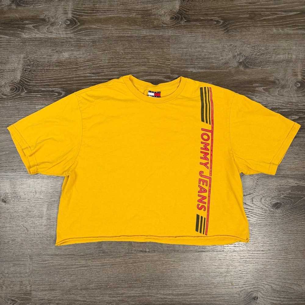 Tommy Hilfiger Tommy Jeans Womens 90's Yellow Spell Out Cropped T-Shirt L Read!